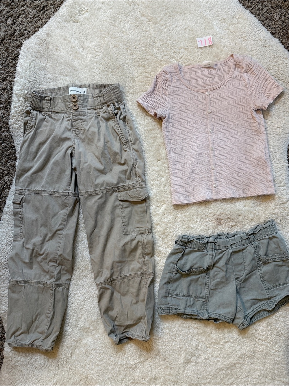 Abercrombie Kids - Girls' Neutral Cargo Pants and Shorts Set & Pink Shirt- Taupe